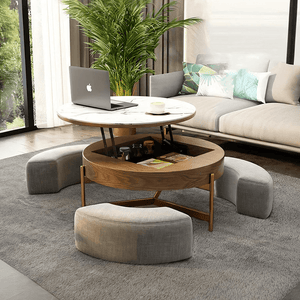 Josiah Round Lift-Top Coffee Table with Storage – Modern Sintered Stone Top Coffee Table in Black & Walnut Finish, Steel Frame Living Room Center Table - Sleek Furniture