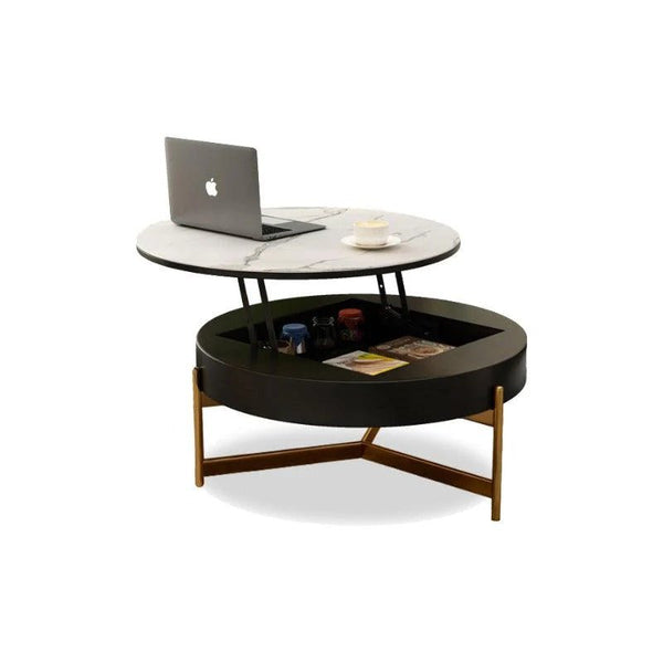 Josiah Round Lift-Top Coffee Table with Storage – Modern Sintered Stone Top Coffee Table in Black & Walnut Finish, Steel Frame Living Room Center Table - Sleek Furniture