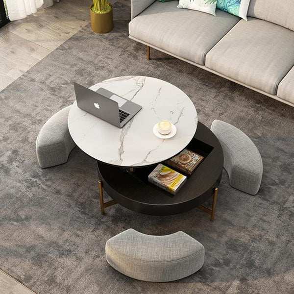 Josiah Round Lift-Top Coffee Table with Storage – Modern Sintered Stone Top Coffee Table in Black & Walnut Finish, Steel Frame Living Room Center Table - Sleek Furniture