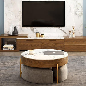 Josiah Round Lift-Top Coffee Table with Storage – Modern Sintered Stone Top Coffee Table in Black & Walnut Finish, Steel Frame Living Room Center Table - Sleek Furniture