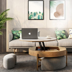 Josiah Round Lift-Top Coffee Table with Storage – Modern Sintered Stone Top Coffee Table in Black & Walnut Finish, Steel Frame Living Room Center Table - Sleek Furniture