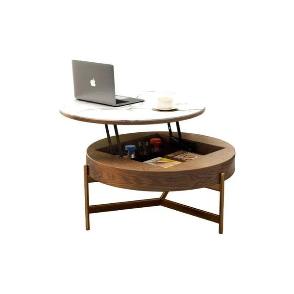Josiah Round Lift-Top Coffee Table with Storage – Modern Sintered Stone Top Coffee Table in Black & Walnut Finish, Steel Frame Living Room Center Table - Sleek Furniture