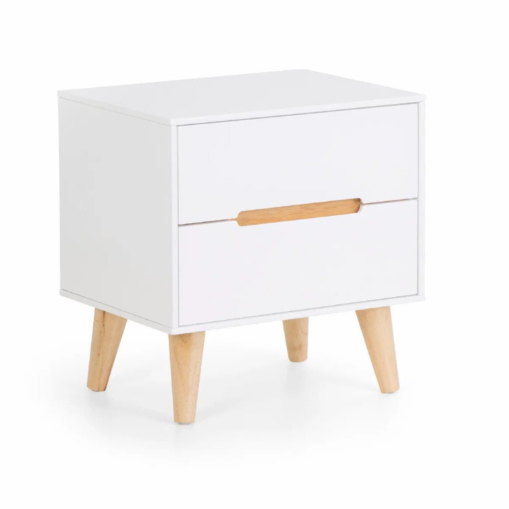 Julian Bowen Alicia 2 Drawer Bedside Table – White Matt Lacquer Finish with Oak Effect Legs, Scandinavian Nightstand with Recessed Handles - Sleek Furniture