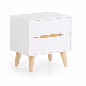 Julian Bowen Alicia 2 Drawer Bedside Table – White Matt Lacquer Finish with Oak Effect Legs, Scandinavian Nightstand with Recessed Handles - Sleek Furniture