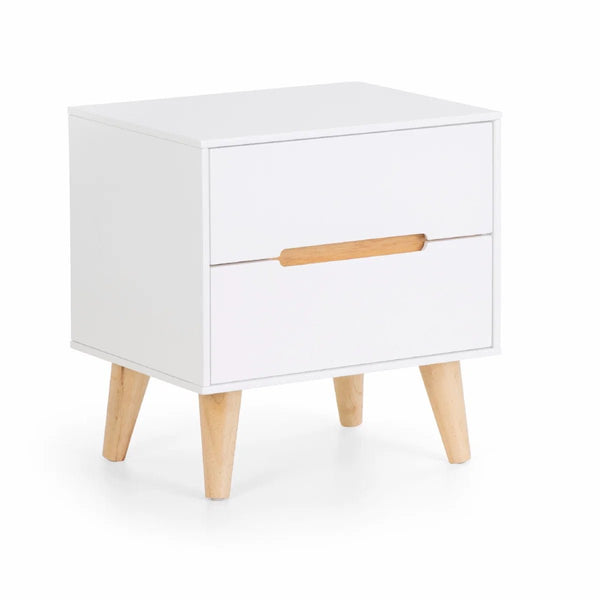 Julian Bowen Alicia 2 Drawer Bedside Table – White Matt Lacquer Finish with Oak Effect Legs, Scandinavian Nightstand with Recessed Handles - Sleek Furniture