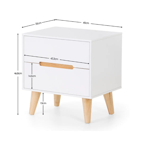 Julian Bowen Alicia 2 Drawer Bedside Table – White Matt Lacquer Finish with Oak Effect Legs, Scandinavian Nightstand with Recessed Handles - Sleek Furniture