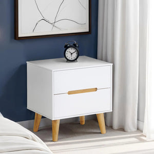 Julian Bowen Alicia 2 Drawer Bedside Table – White Matt Lacquer Finish with Oak Effect Legs, Scandinavian Nightstand with Recessed Handles - Sleek Furniture