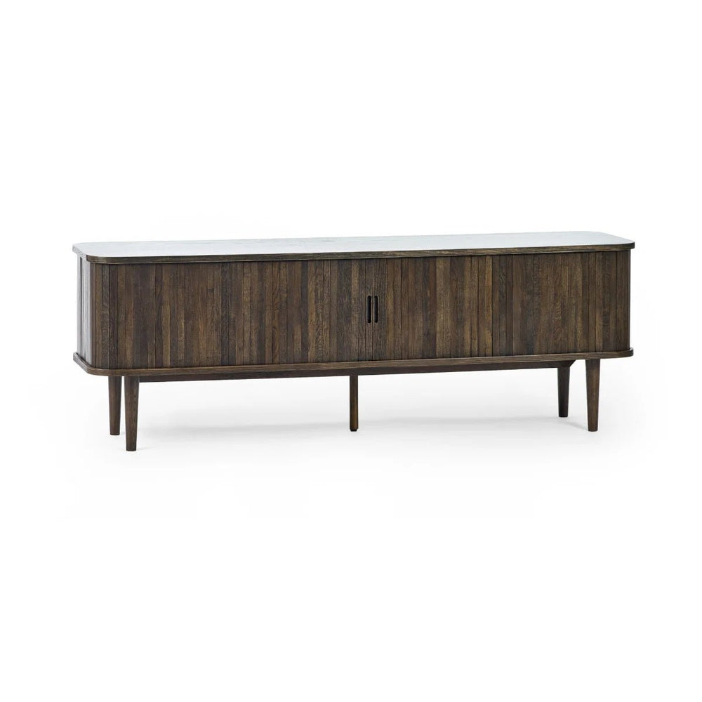 Julian Bowen Arya Media Unit with Sliding Tambour Doors, Dark Oak Effect TV Stand with Shelves, Modern Entertainment Storage Cabinet - Sleek Furniture