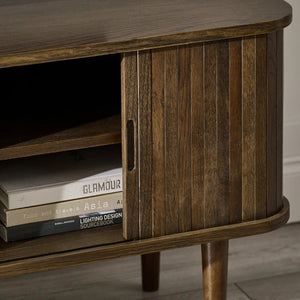 Julian Bowen Arya Media Unit with Sliding Tambour Doors, Dark Oak Effect TV Stand with Shelves, Modern Entertainment Storage Cabinet - Sleek Furniture