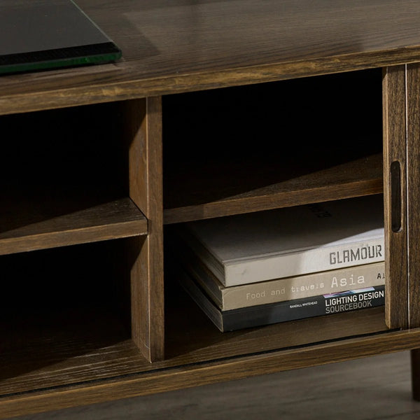 Julian Bowen Arya Media Unit with Sliding Tambour Doors, Dark Oak Effect TV Stand with Shelves, Modern Entertainment Storage Cabinet - Sleek Furniture
