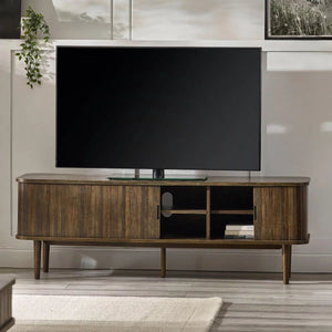 Julian Bowen Arya Media Unit with Sliding Tambour Doors, Dark Oak Effect TV Stand with Shelves, Modern Entertainment Storage Cabinet - Sleek Furniture