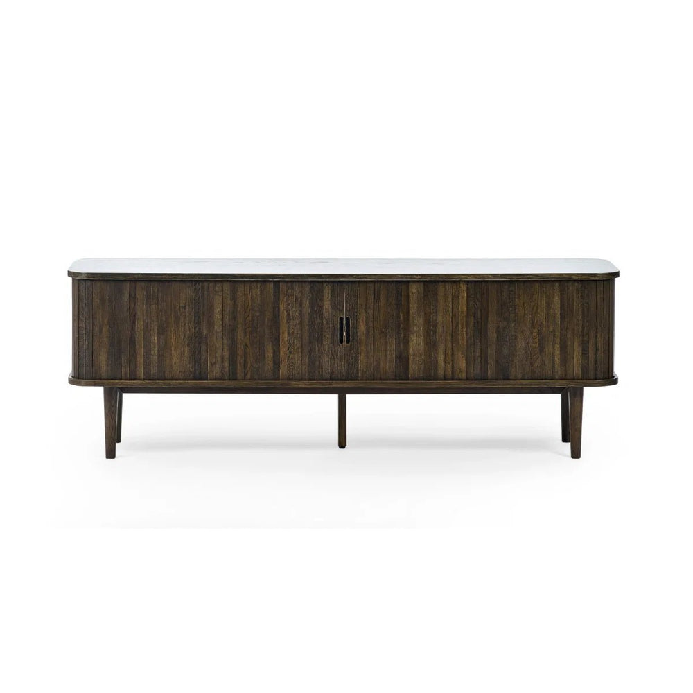Julian Bowen Arya Media Unit with Sliding Tambour Doors, Dark Oak Effect TV Stand with Shelves, Modern Entertainment Storage Cabinet - Sleek Furniture