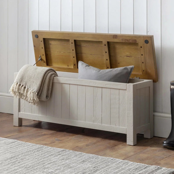 Julian Bowen Aspen Storage Bench Grey Wash Reclaimed Pine Hallway Seat - Sleek Furniture