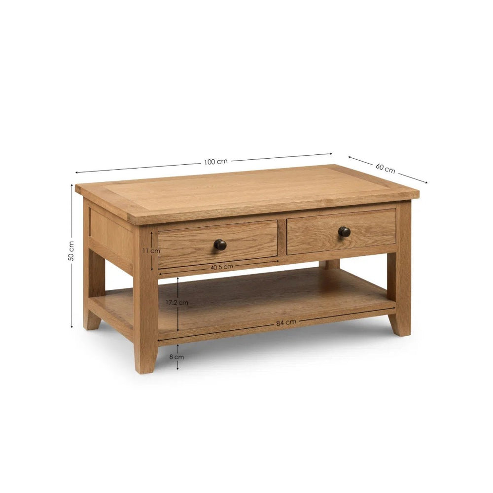 Julian Bowen Astoria White Oak Coffee Table with 2 Drawers & Shelf - Sleek Furniture