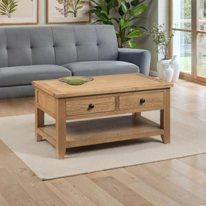 Julian Bowen Astoria White Oak Coffee Table with 2 Drawers & Shelf - Sleek Furniture