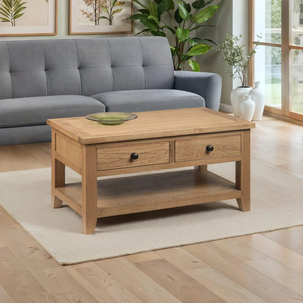Julian Bowen Astoria White Oak Coffee Table with 2 Drawers & Shelf - Sleek Furniture