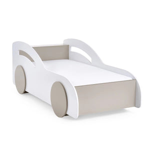 Julian Bowen Atlantis Toddler Car Bed – White & Taupe Kids Racing Bed Frame for 70 x 140cm Cot Bed Mattress - Sleek Furniture