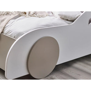 Julian Bowen Atlantis Toddler Car Bed – White & Taupe Kids Racing Bed Frame for 70 x 140cm Cot Bed Mattress - Sleek Furniture