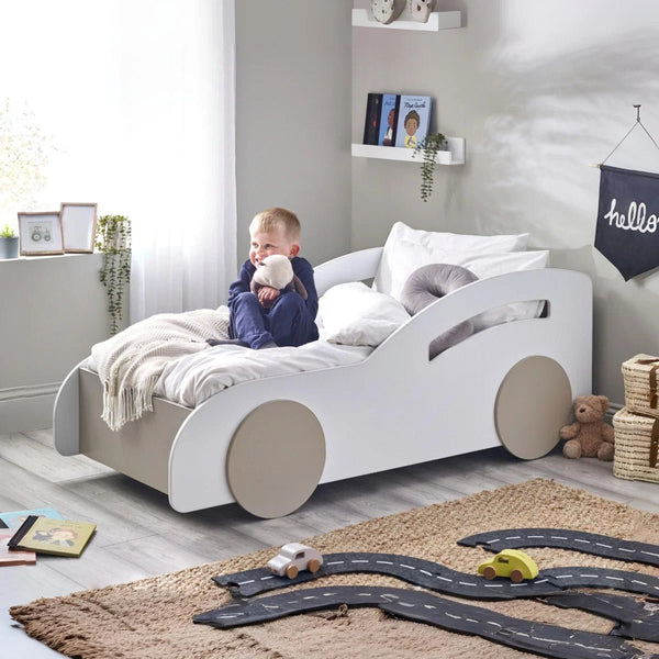 Julian Bowen Atlantis Toddler Car Bed – White & Taupe Kids Racing Bed Frame for 70 x 140cm Cot Bed Mattress - Sleek Furniture