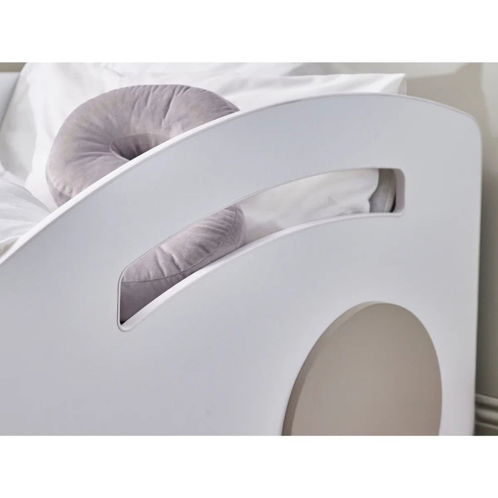 Julian Bowen Atlantis Toddler Car Bed – White & Taupe Kids Racing Bed Frame for 70 x 140cm Cot Bed Mattress - Sleek Furniture