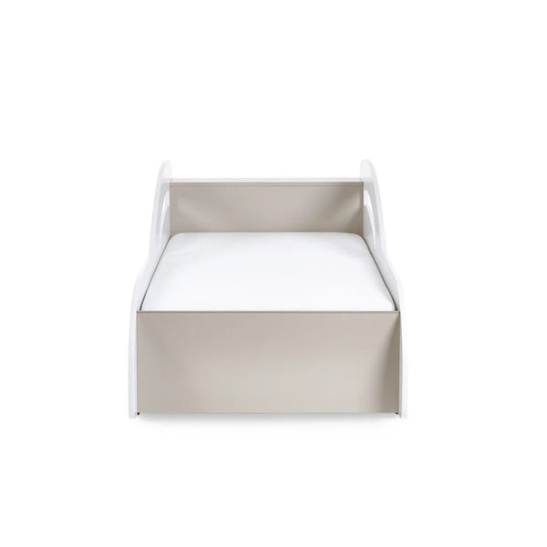 Julian Bowen Atlantis Toddler Car Bed – White & Taupe Kids Racing Bed Frame for 70 x 140cm Cot Bed Mattress - Sleek Furniture