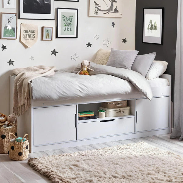 Julian Bowen Atom White Low Sleeper Kids Storage Bed with Cupboards, Drawer & Shelf – Space Saving Single Bed Frame - Sleek Furniture