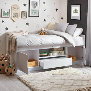 Julian Bowen Atom White Low Sleeper Kids Storage Bed with Cupboards, Drawer & Shelf – Space Saving Single Bed Frame - Sleek Furniture