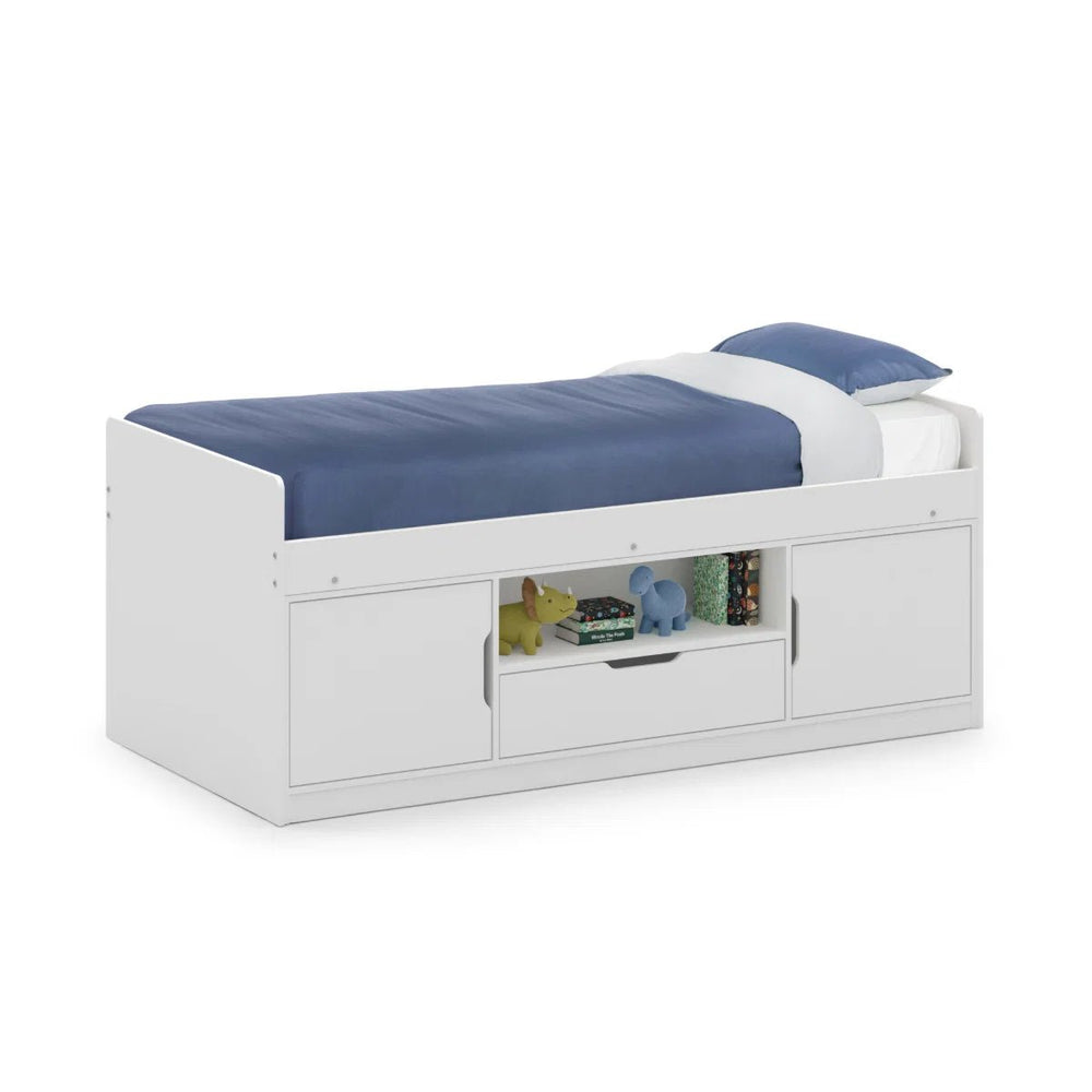 Julian Bowen Atom White Low Sleeper Kids Storage Bed with Cupboards, Drawer & Shelf – Space Saving Single Bed Frame - Sleek Furniture