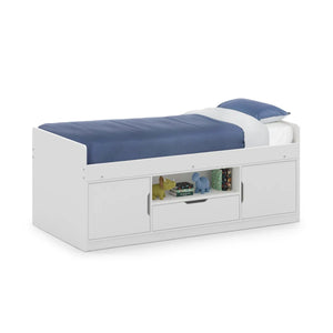 Julian Bowen Atom White Low Sleeper Kids Storage Bed with Cupboards, Drawer & Shelf – Space Saving Single Bed Frame - Sleek Furniture