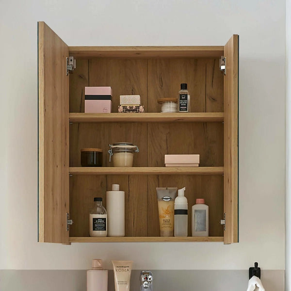 Julian Bowen Austin Mirrored Bathroom Wall Cabinet with Double Shelf Storage, Natural Wood Finish, 60 x 20 x 70cm - Sleek Furniture