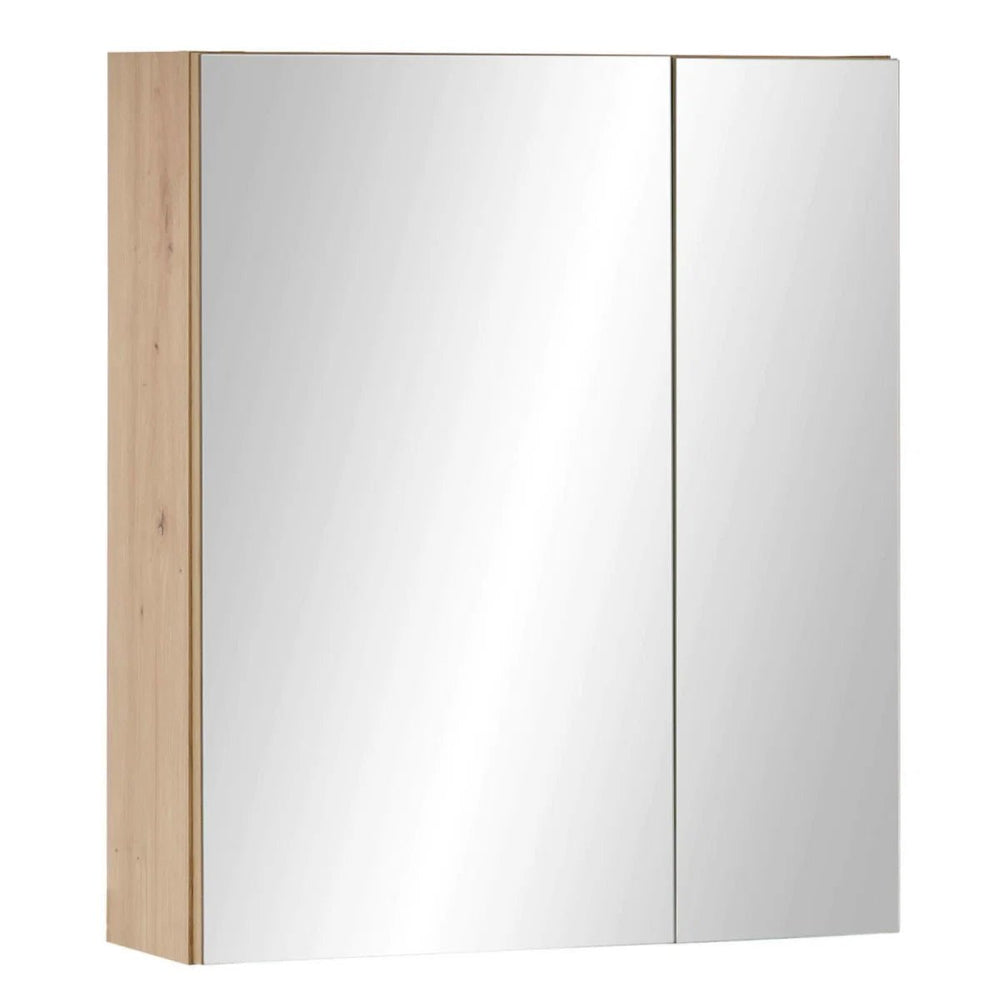 Julian Bowen Austin Mirrored Bathroom Wall Cabinet with Double Shelf Storage, Natural Wood Finish, 60 x 20 x 70cm - Sleek Furniture