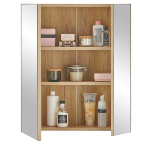 Julian Bowen Austin Mirrored Bathroom Wall Cabinet with Double Shelf Storage, Natural Wood Finish, 60 x 20 x 70cm - Sleek Furniture