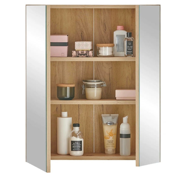 Julian Bowen Austin Mirrored Bathroom Wall Cabinet with Double Shelf Storage, Natural Wood Finish, 60 x 20 x 70cm - Sleek Furniture