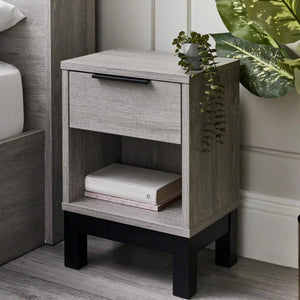 Julian Bowen Bali 1 Drawer Bedside Table – Grey Oak Effect Nightstand with Drawer & Open Shelf, Black Metal Legs, Industrial Bedroom Side Table - Sleek Furniture