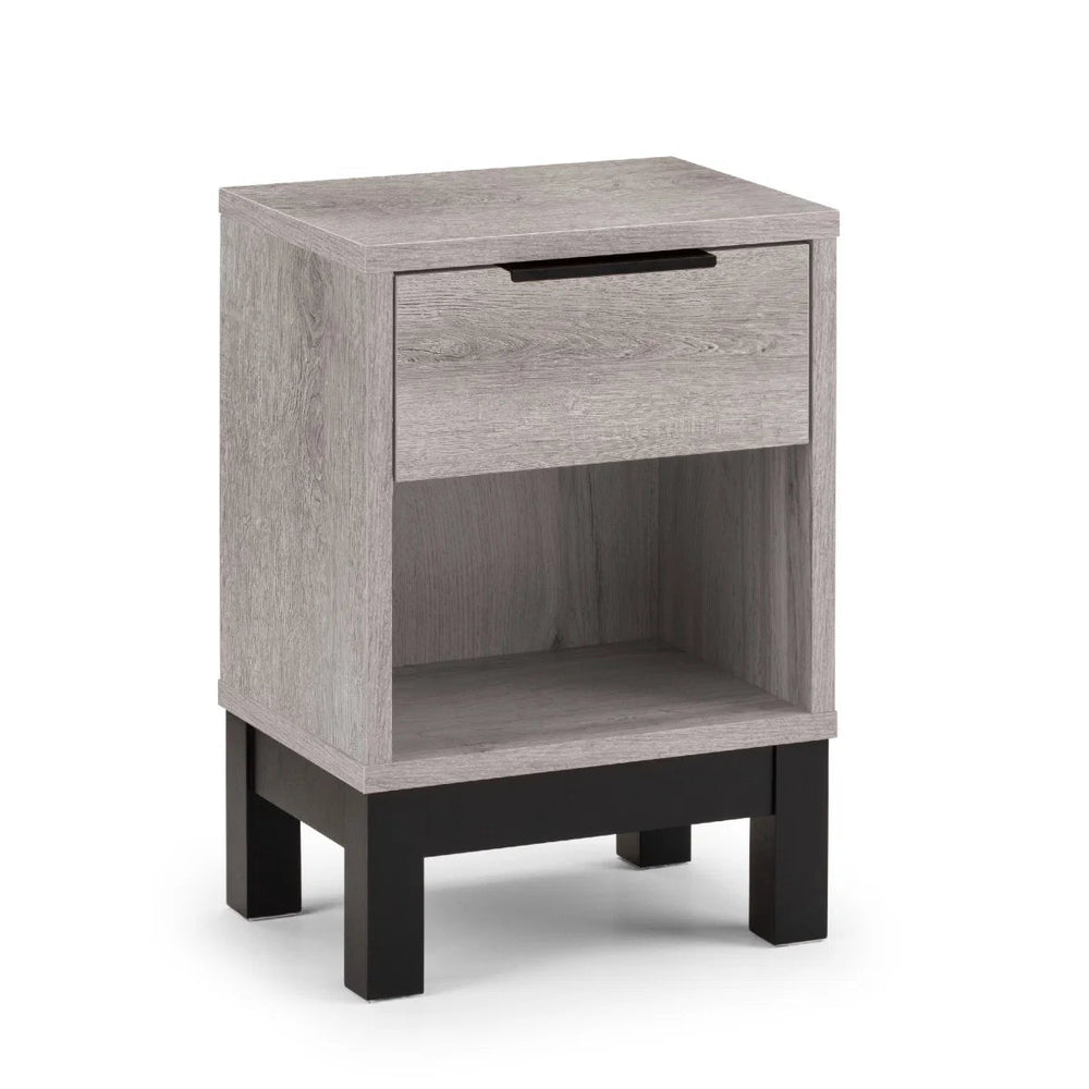 Julian Bowen Bali 1 Drawer Bedside Table – Grey Oak Effect Nightstand with Drawer & Open Shelf, Black Metal Legs, Industrial Bedroom Side Table - Sleek Furniture