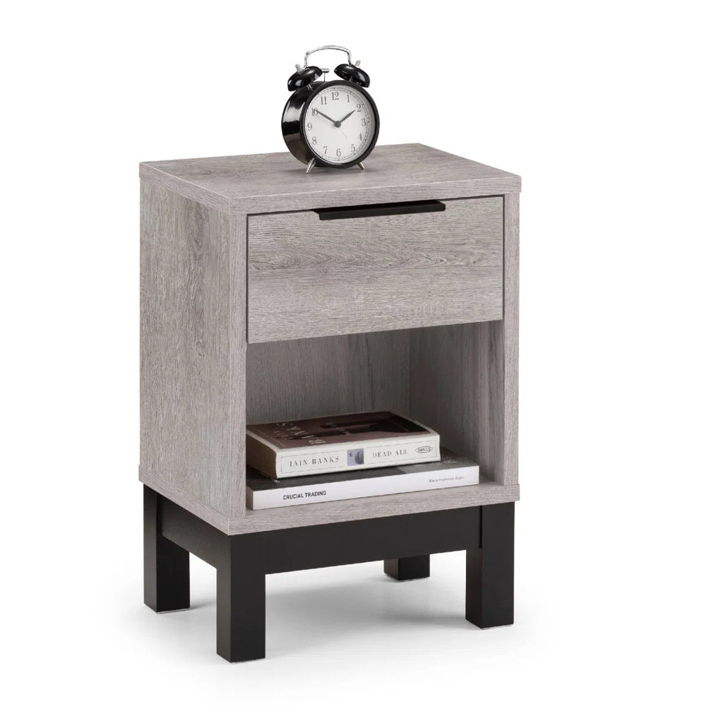 Julian Bowen Bali 1 Drawer Bedside Table – Grey Oak Effect Nightstand with Drawer & Open Shelf, Black Metal Legs, Industrial Bedroom Side Table - Sleek Furniture