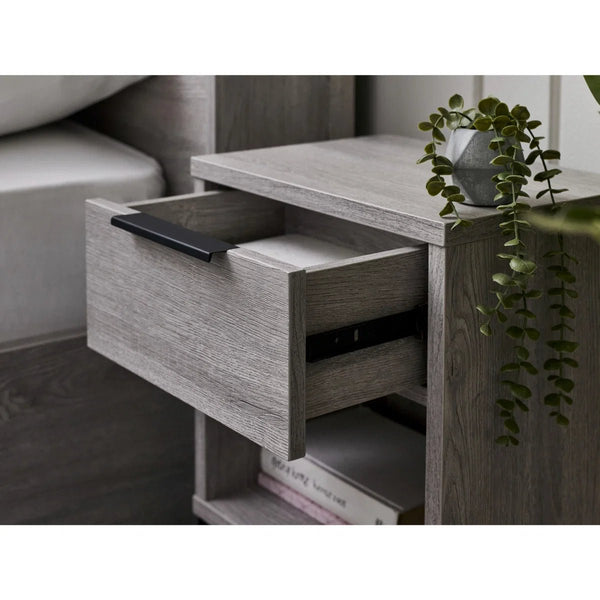 Julian Bowen Bali 1 Drawer Bedside Table – Grey Oak Effect Nightstand with Drawer & Open Shelf, Black Metal Legs, Industrial Bedroom Side Table - Sleek Furniture