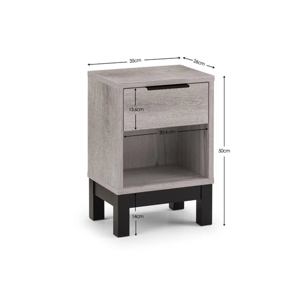 Julian Bowen Bali 1 Drawer Bedside Table – Grey Oak Effect Nightstand with Drawer & Open Shelf, Black Metal Legs, Industrial Bedroom Side Table - Sleek Furniture