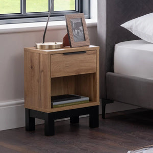 Julian Bowen Bali 1 Drawer Bedside Table – Oak Effect Nightstand with Drawer & Open Shelf, Black Metal Legs, Industrial Bedroom Side Table - Sleek Furniture