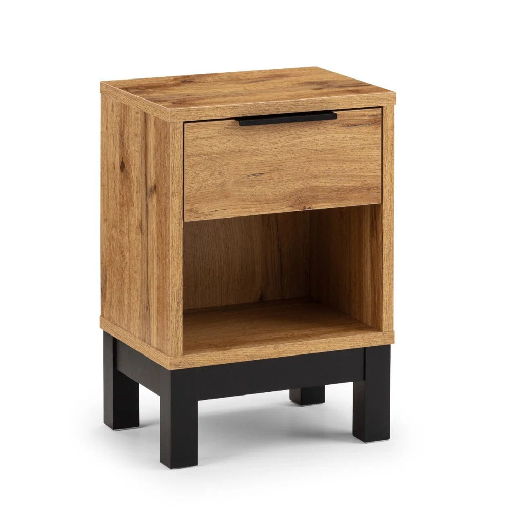 Julian Bowen Bali 1 Drawer Bedside Table – Oak Effect Nightstand with Drawer & Open Shelf, Black Metal Legs, Industrial Bedroom Side Table - Sleek Furniture