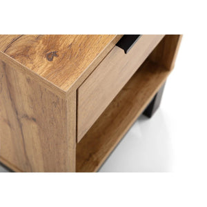 Julian Bowen Bali 1 Drawer Bedside Table – Oak Effect Nightstand with Drawer & Open Shelf, Black Metal Legs, Industrial Bedroom Side Table - Sleek Furniture