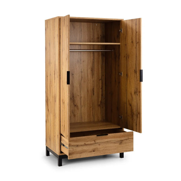 Julian Bowen Bali 2 Door 1 Drawer Wardrobe with Shelf – Oak Effect Industrial Bedroom Storage Cabinet - Sleek Furniture