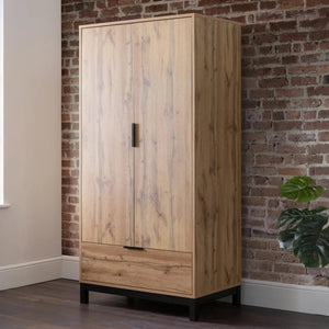 Julian Bowen Bali 2 Door 1 Drawer Wardrobe with Shelf – Oak Effect Industrial Bedroom Storage Cabinet - Sleek Furniture