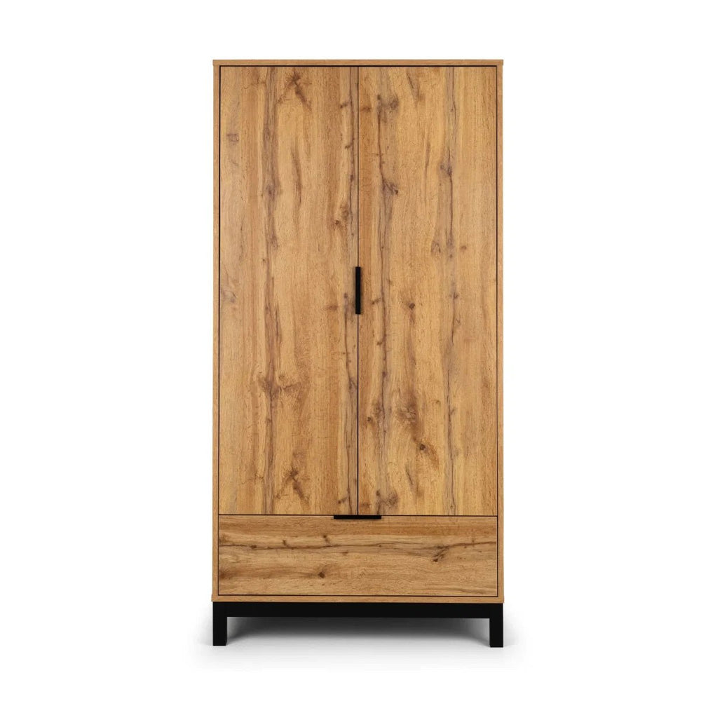 Julian Bowen Bali 2 Door 1 Drawer Wardrobe with Shelf – Oak Effect Industrial Bedroom Storage Cabinet - Sleek Furniture