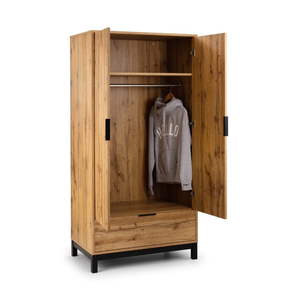 Julian Bowen Bali 2 Door 1 Drawer Wardrobe with Shelf – Oak Effect Industrial Bedroom Storage Cabinet - Sleek Furniture