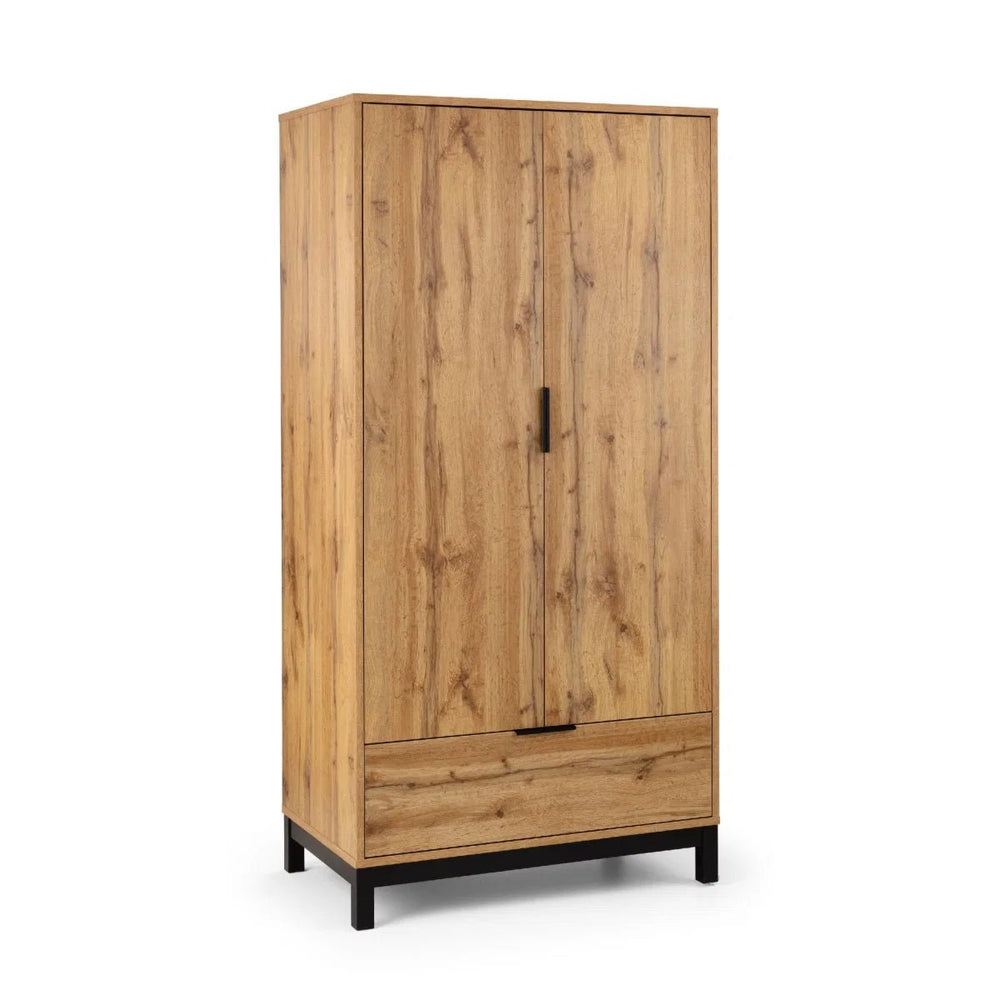 Julian Bowen Bali 2 Door 1 Drawer Wardrobe with Shelf – Oak Effect Industrial Bedroom Storage Cabinet - Sleek Furniture
