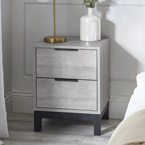 Julian Bowen Bali 2 Drawer Bedside Table – Grey Oak Finish with Black Handles & Legs | Industrial Bedroom Nightstand - Sleek Furniture