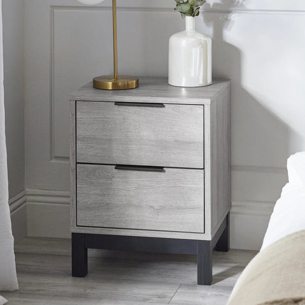 Julian Bowen Bali 2 Drawer Bedside Table – Grey Oak Finish with Black Handles & Legs | Industrial Bedroom Nightstand - Sleek Furniture