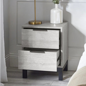 Julian Bowen Bali 2 Drawer Bedside Table – Grey Oak Finish with Black Handles & Legs | Industrial Bedroom Nightstand - Sleek Furniture