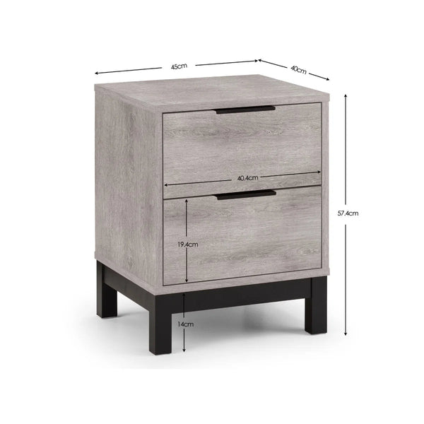 Julian Bowen Bali 2 Drawer Bedside Table – Grey Oak Finish with Black Handles & Legs | Industrial Bedroom Nightstand - Sleek Furniture